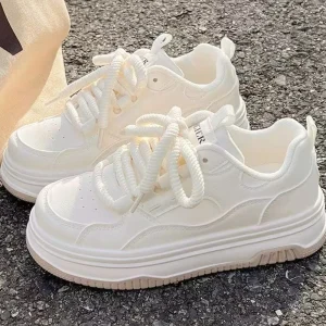 Round-toe Lace-up Casual White Thick-soled Vulcanized Shoes Seasonal New Comfortable Flat-soled Fashion Sneakers